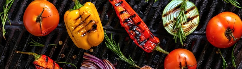 An overhead shot of a grill covered in colorful vegetables highlighting healthy grilling options