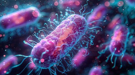 Leinwandbilder - Bacteria cell in microscope with medical tech interface. Analysis DNA of biology cell using computer diagnostics. Bacteria cell macro view on biology lab computer.