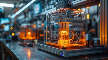 Poster - 3D printer on engineer's desk. 3D printing, prototyping parts in industry. 3D printer with orange glass cover prints plastic model. Bottles of polymer resin are nearby.