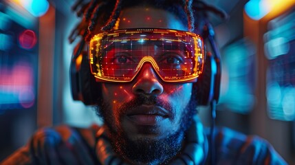 Poster - A programmer in a headset coding program text in a VR interface. Software developer in a programming environment. Computer code in a programming environment. Future computer technology concept. Man