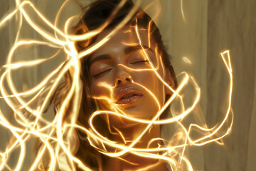 Portrait of a beautiful woman doing energy therapy session with abstract energy power flowing around her head.