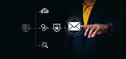 Poster - businessman finger touch to lock or encrypt the email on laptop. Concept email marketing communication network, message online, digital mail technology. Connection using e-mail. Send electronic letter