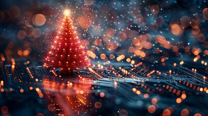 Fototapete - New Year and Happy Christmas cards in the style of the 2024 year on a printed circuit board. Snowfall, snowflakes from electronic pulses and signals.