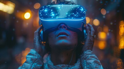 Aufkleber - Virtual reality gamer in cyberspace holding virtual reality headset glasses. Man looks up, holding controller of computer game above head. Entertainment in the digital world.