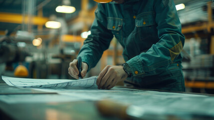 Wall Mural - A dedicated engineer in a manufacturing plant thoroughly reviews technical blueprints on a worktable.