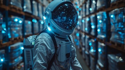 Fototapete - An engineer is picking up boxes on factory floor with his bionic exoskeleton. Robotic exosuit on warehouse worker. Future technology in delivery and logistics.