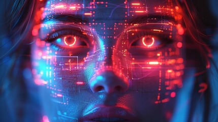 Canvas Print - An abstract technology background. An abstract digital computer banner with a futuristic neon neon frame with an AI face in cyberspace. An AI head in cyberspace. An abstract digital computer banner