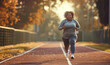 Smiling middle age black woman jogging in city park outside, African American lady running outdoors in morning, AI generated