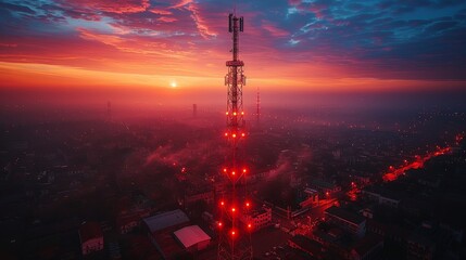 Aufkleber - 5G antenna network transmitting telecommunication signals. 5G communication tower broadcasting mobile signals. Communication technology.