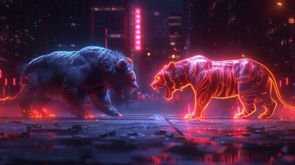 Poster - Bears and bulls are competing to profit at securities trading exchanges. Bears battling on swords formed from Japanese candles. Stock exchange trading strategies.