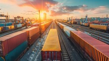 Sunset Rays Casting Over A Busy Cargo Train Yard With Colorful Containers, Showcasing Urban Transportation And Logistics.