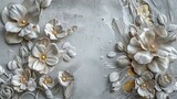 Fototapeta Panele - Volumetric floral arrangements on an old concrete wall with gold elements.