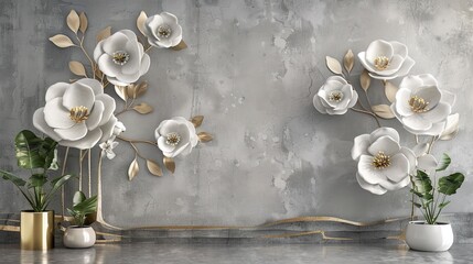 Wall Mural - Volumetric floral arrangements on an old concrete wall with gold elements.