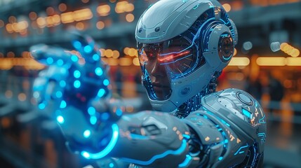 Poster - The image depicts a robot woman with a laptop. Artificial intelligence or AI is in full bloom in the image. Robot woman points at a laptop screen in her palm. A female cyborg performs on stage.