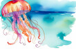 Colourful beautiful Jellyfish in ocean, watercolour painting, space for text, postcard