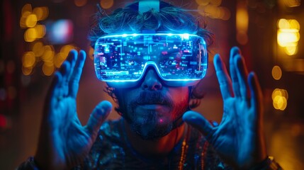 Aufkleber - An individual in a VR headset or glasses of virtual reality looks at and interacts with the holographic simulation. This is a person playing computer video games in VR space with his controller.
