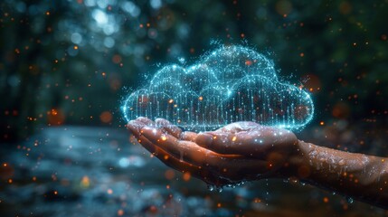 Poster - Technology network concept. Cloud icon over hand in neon lighting. Data rain pouring from cloud. Data synchronization with internet datum storage. Upload or download data.