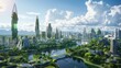 A futuristic urban landscape. An ecologically clean city with green ecological buildings, combining nature and urbanization