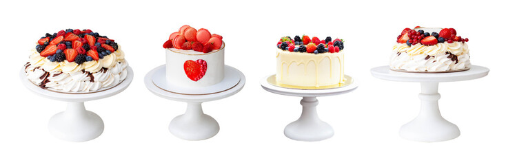 Wall Mural - Pavlova cake with whipped cream cheese, chocolate sauce and fresh berries on grey background. Beautiful cake for the Birthday party