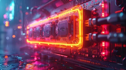 Poster - The overclocking of a gaming computer. Neon lights are over the desk. A gaming PC upgrade or repair. The overclocking of a gaming computer.