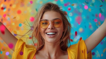 Wall Mural - Portrait of a cheerful young woman in yellow, enjoying a celebration moment with vibrant confetti in the air.