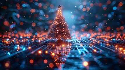 Poster - Merry Christmas and a Happy New Year greetings card in computer technology design. Template Christmas cards in style of digital technology.