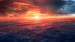A breathtaking sunset view from the sky, with vibrant colors painting the clouds and a golden sun setting behind them. The scene captures an enchanting moment of nature's beauty, evoking emotions of a