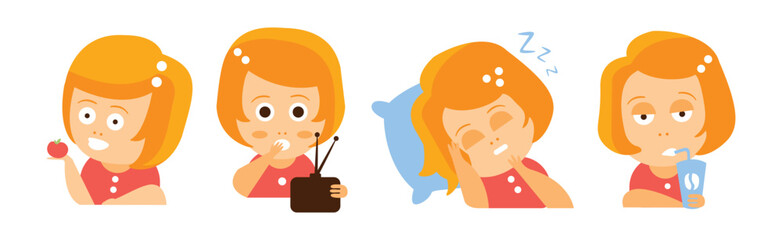 Sticker - Funny Woman Character with Red Hair in Action with Emotion Vector Set