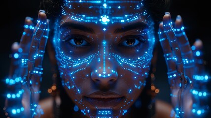 Poster - an ai network works on a humanoid robot with four arms in the image of goddess kali, working with a 