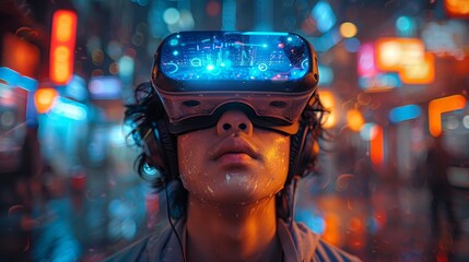 Aufkleber - An image of a man wearing virtual reality headset glasses looking up in cyberspace of metaverse. Virtual reality world simulation. Digital entertainment.