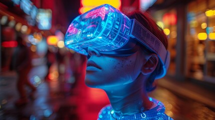 Aufkleber - Future tech concept. Man in virtual reality glasses looking at Virtual Reality interface. Guy working in Virtual Reality headset in metaverse. 3D rendering.