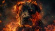 Charred hell dog, emerging from flames, grim and foreboding dark realm , sci-fi tone, technology