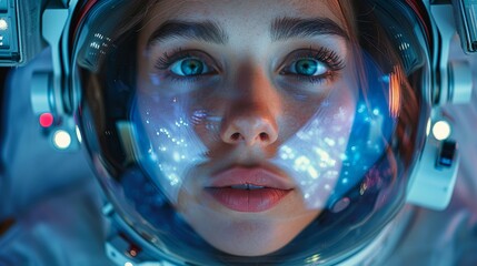 Poster - Astronaut helmet close up. Space tourist in space suit in space. Concept of space tourism. Head in helmet with view of space.