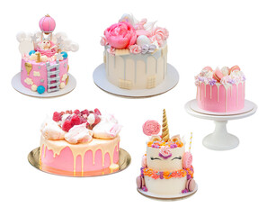 Wall Mural - Beautiful and elegant cake decorated with melted grey chocolate, macaroons, edible pink peony flower, chocolate bites and meringues