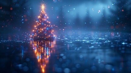 Fototapete - On blue background, digitized Christmas tree, consisting of glowing pixels. Ideal for New Year cards or digital tech calendar posters. The logo of 2023 year hangs over a reflection polished surface.
