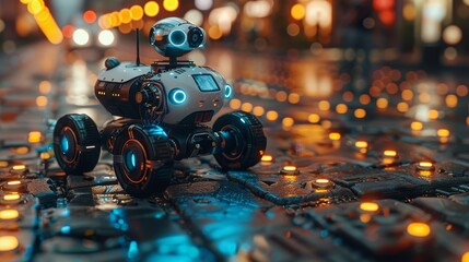 Aufkleber - Delivery of purchases by autonomous robot on wheels. Routes for drone rovers on a city map. Automated delivery service for purchases. Tracking order delivery on phone. 3D rendering.