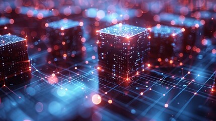 Aufkleber - Data blocks in cyberspace. Fintech computer isometric conceptual background. Blockchain network abstract illustration. Block chain technology represented by digital cubes.