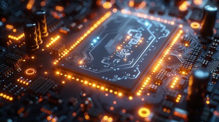 Fototapete - In depth knowledge of hardware and software computer technologies. Isometric elements of engineering electronics systems and devices. Designing, programming or coding microcontrollers or chips.