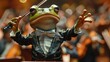 Frog Conductor, a frog in a tuxedo, conducting an orchestra , sci-fi tone