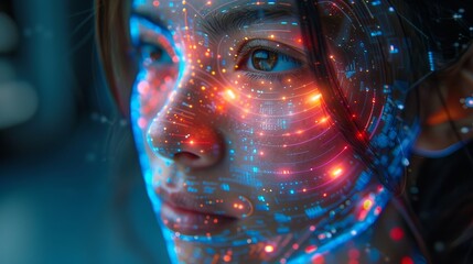 Leinwandbilder - Artificial intelligence. Woman Cyborg head with artificial neural networks brain. Neon cyberpunk word in style 80th. Female robot face with computer artificial intelligence. Electronic Technology