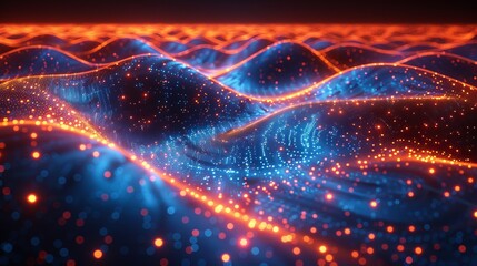 Poster - Grid surface of glowing dots and particles. Big data visualization. Abstract wave grids of digital information flow. Wavy wire infographic element.
