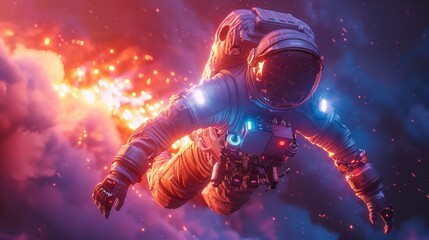 Aufkleber - Animated 3D rendered illustration of a man launching a flying jetpack, wearing flying robotic armor with a rocket engine. Illustration of an exoskeleton-clad superhero wearing a sci-fi flying iron