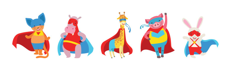 Sticker - Animals Dressed As Superheroes with Cape And Mask Vector Set