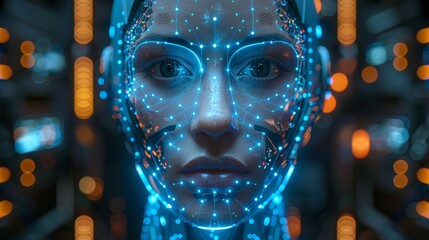 Poster - An image of an AI or artificial intelligence in an image robot head hovering over a podium in virtual cyberspace. A humanoid face of a mechanical cyborg with an electronic mind or brain. Neural