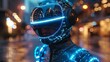 Symbol of a man in VR AR 3D futuristic headset in virtual reality simulation in cyberpunk attire. Metaverse world concept. Video computer gamer in cyberspace. Digital technology entertainment.