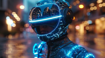 Aufkleber - Symbol of a man in VR AR 3D futuristic headset in virtual reality simulation in cyberpunk attire. Metaverse world concept. Video computer gamer in cyberspace. Digital technology entertainment.