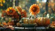 Autumn Harvest Festivity Table, Festive autumnal table setup with pumpkins and sunflowers, encapsulating the essence of fall celebrations