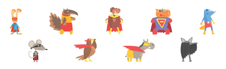 Wall Mural - Animals Dressed As Superheroes with Cape And Mask Vector Set