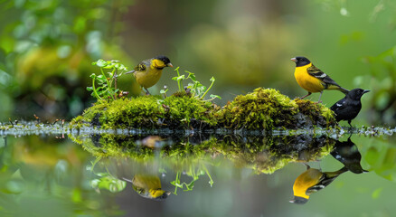 Wall Mural - two birds eating moss on water, a yellow finch and an upper view of the black-crowned magpie with its reflection in still lake water, mossy bank background