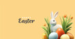 Happy Easter. 3D rendering of Easter eggs, rabbit, and flowers. Festive composition for advertising, banners, posters. Vector